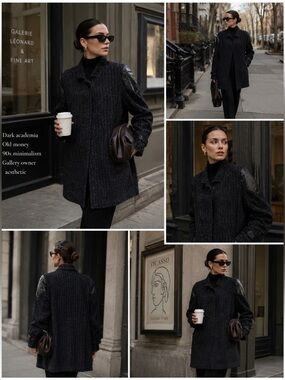 Vintage 80s Wool Blend Coat Black Leather Trim Old Money Academia 5/6